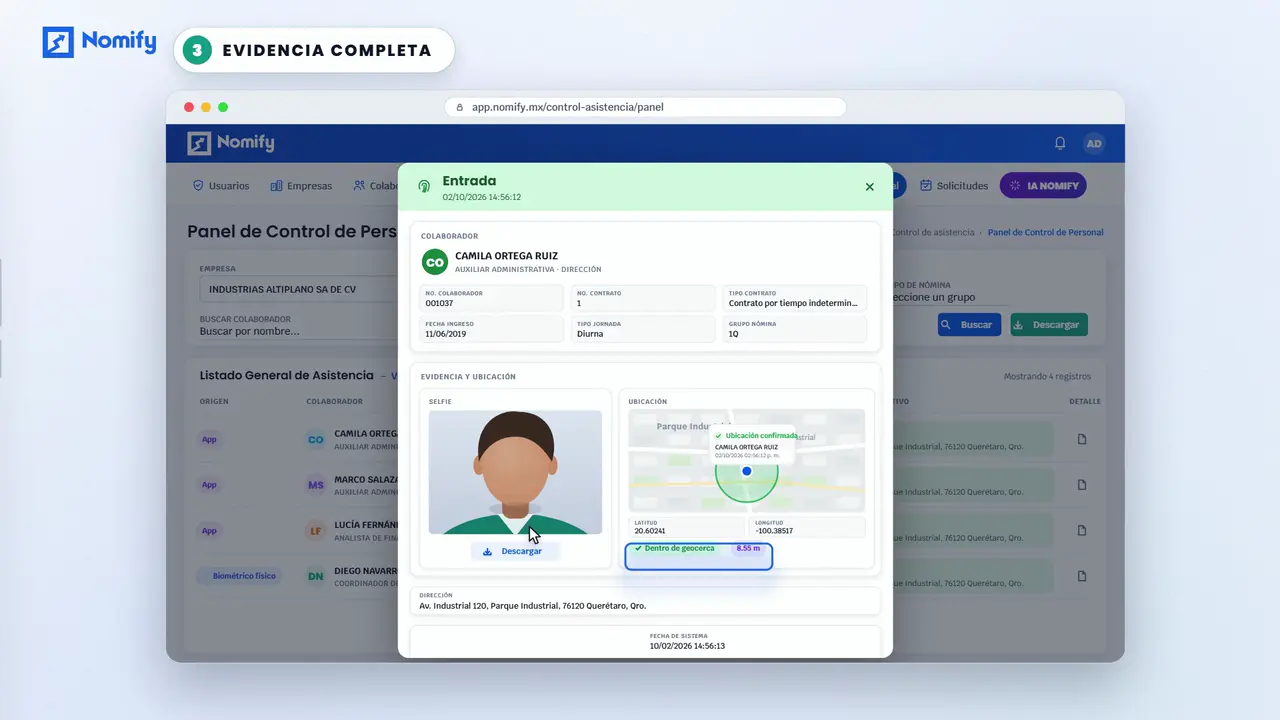 Demo de la App Colaborador de Nomify registrando asistencia con GPS y selfie
